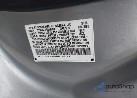 2008 Honda Odyssey Ex from USA, damaged, VIN 5FNRL38488B054313